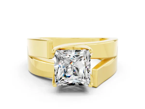Modern Tension Set Princess Cut Moissanite Solitaire Wide Band Ring Yellow gold