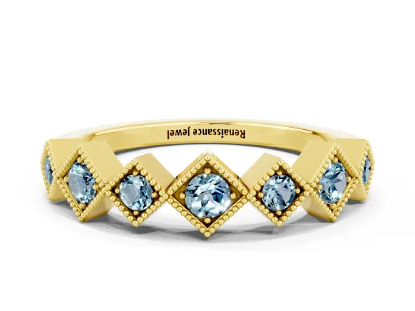 Milgrain Square Bezel Round Aquamarine Chevron Band Yellow gold