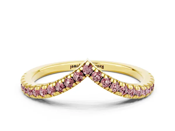 Pavé Round Morganite V-Shaped Chevron Band with Shared Prong Setting Yellow gold
