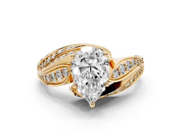 Pear Cut Diamond Solitaire Ring with Prong Setting and Twisted Pavé Band Yellow gold