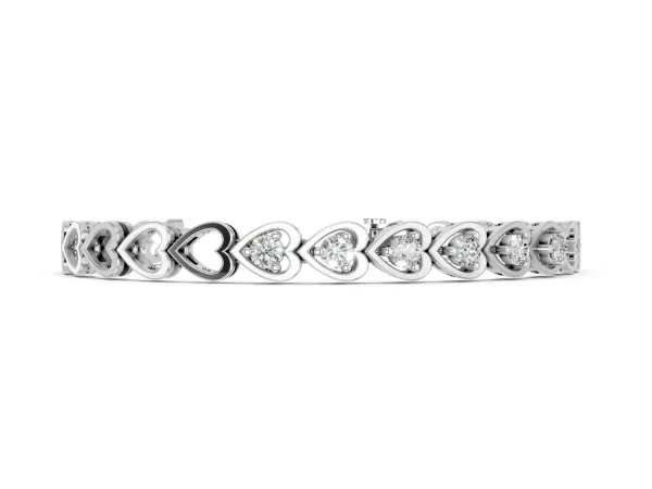 Heart Link Diamond Tennis Bracelet with Round Cut Stones and Bezel Setting White gold
