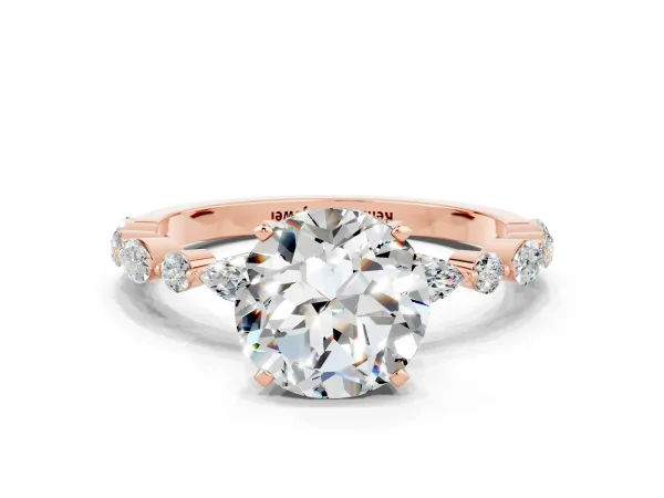 Round Cut Moissanite Ring with Marquise and Round Side Stones and Four-Prong Setting Rose gold