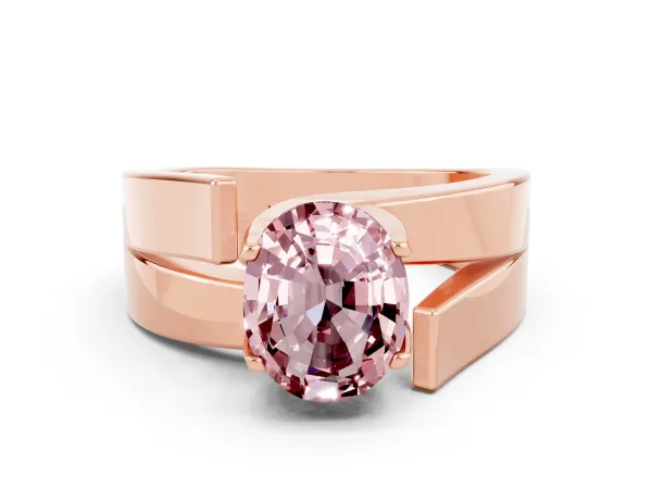 Modern Tension Set Oval Cut Morganite Solitaire Wide Band Ring Rose gold
