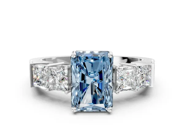 Fancy Blue Radiant Cut Solitaire Princess Side Stone Engraved Band Prong Setting Ring Platinum