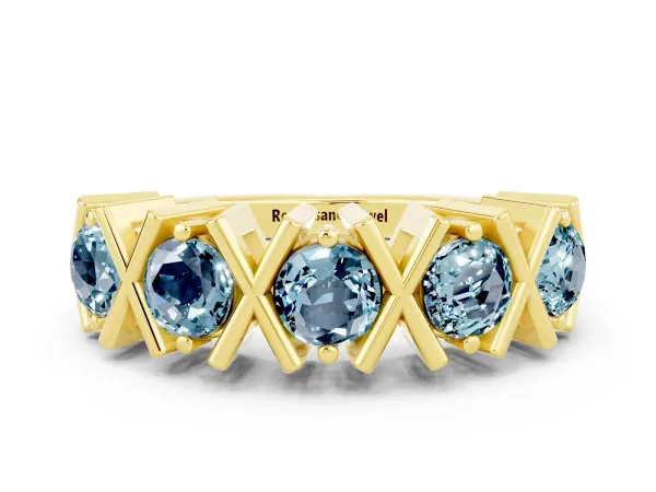 Round Aquamarine Channel Set Band with X-Prong Detail Yellow gold