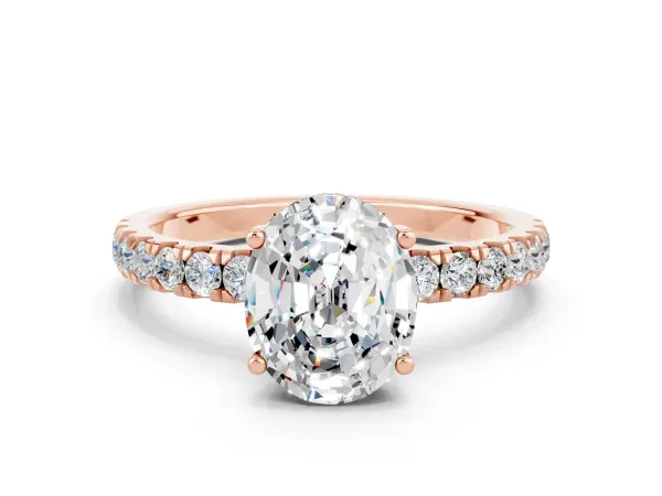 Oval Cut Moissanite Pave Band Solitaire Ring with Round and Prong Setting Rose gold
