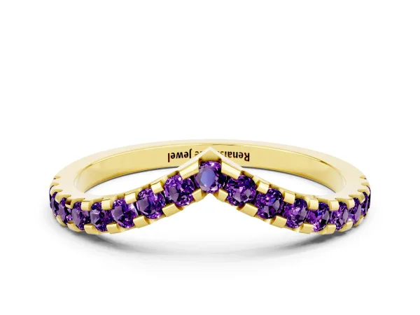 Pavé Round Amethyst Chevron Band with Shared Prong Setting Yellow gold