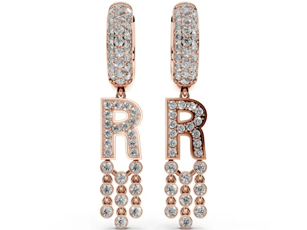 Round Diamond Initial R Huggie Hoop Earrings Rose gold