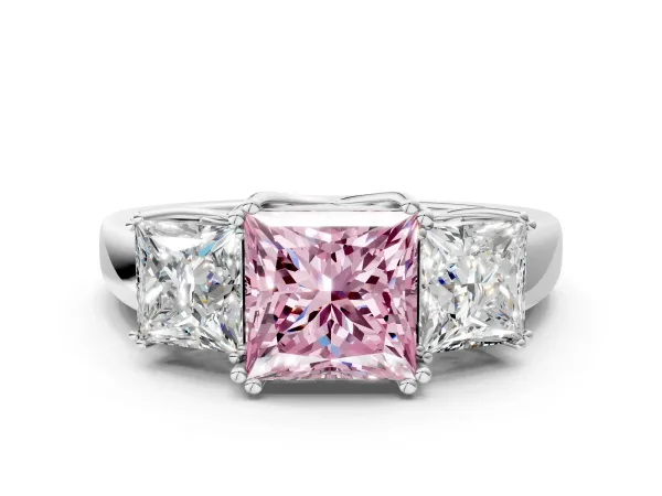 Fancy Pink Three-Stone Princess Cut Cut Diamond Ring with Channel Set Band and Four-Prong Setting White gold