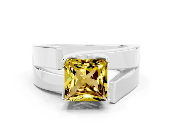 Modern Tension Set Princess Cut Yellow Sapphire Solitaire Wide Band Ring Platinum