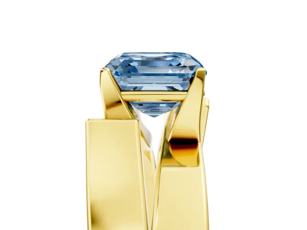 Fancy Blue Modern Tension Set Asscher Cut Diamond Solitaire Wide Band Ring Yellow gold