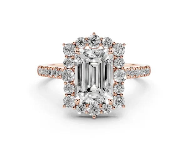 Emerald Cut Halo Diamond Ring with Pavé Band and Prong Setting Rose gold