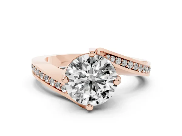 Round Cut Solitaire Diamond Twist Band with Pavé Setting and Four-Prong Setting Rose gold