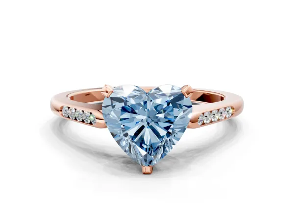 Fancy Blue Heart Cut Diamond Solitaire Ring with Channel Set Round Band and Prong Setting Rose gold