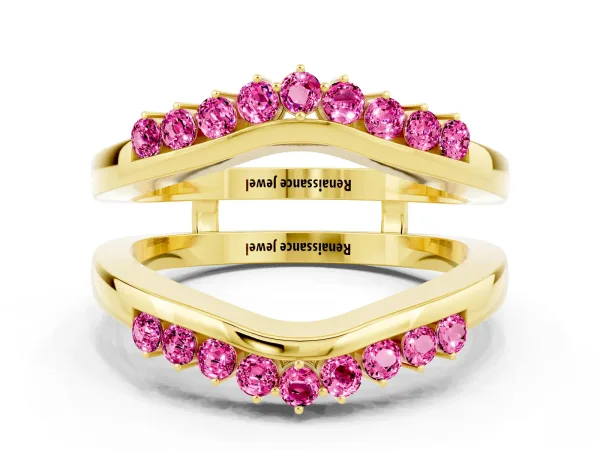 Round Pink Sapphire Chevron Contour Band with Prong Setting Yellow gold