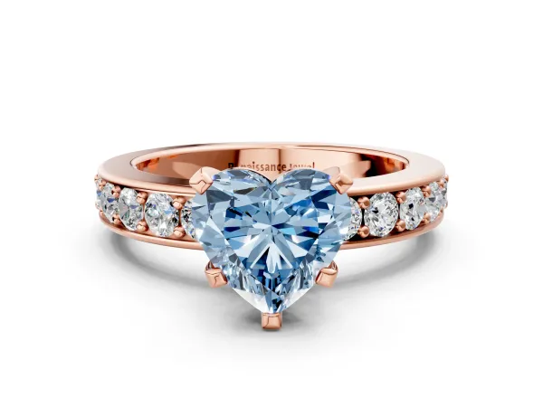 Fancy Blue Heart Cut Diamond Engagement Ring with Channel Set Round Band and Prong Setting Rose gold