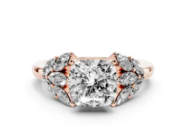 Cushion Cut Diamond Cluster Leaf Design Ring with Prong Setting Rose gold