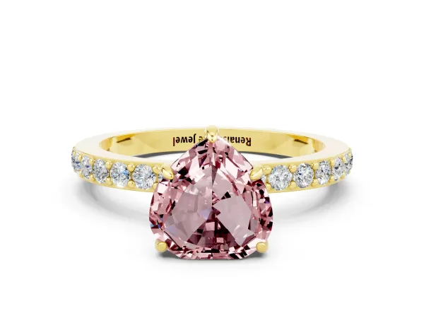 Heart Cut Morganite Solitaire Engagement Ring with Pavé Band and Four-Prong Setting Yellow gold