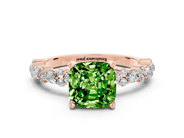 Cushion Cut Peridot Side Stone Solitaire Ring with Round and Four-Prong Setting Rose gold