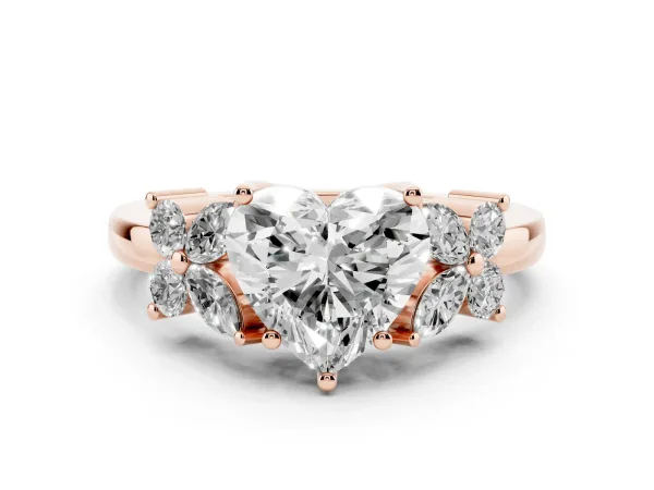 Heart Cut Diamond Floral Cluster Ring with Solitaire Band and Prong Setting Rose gold