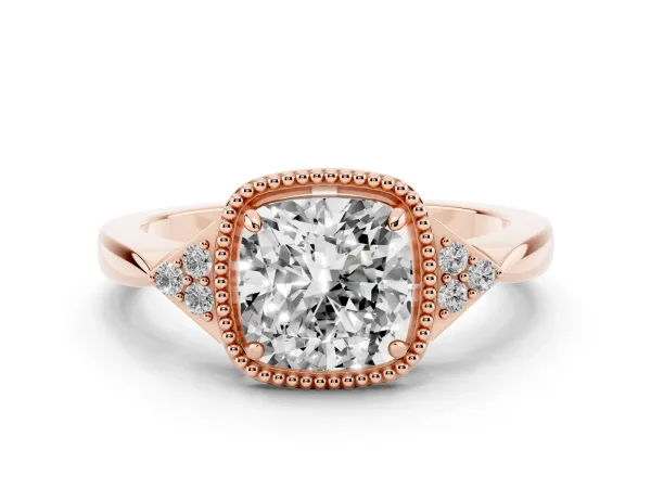 Hexagonal Halo Cushion Cut Diamond Solitaire with Pavé Band and Four-Prong Setting Rose gold