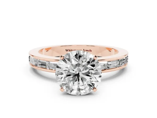 Round Cut Solitaire Diamond Ring with Channel-Set Baguette Band and Four-Prong Setting Rose gold