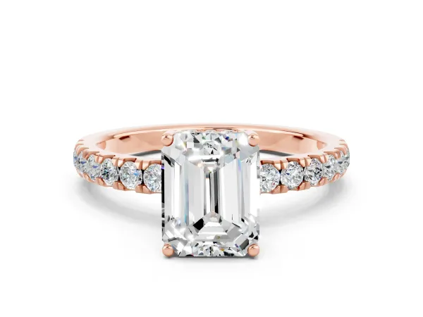 Emerald Cut Moissanite Pave Band Solitaire Ring with Round and Prong Setting Rose gold