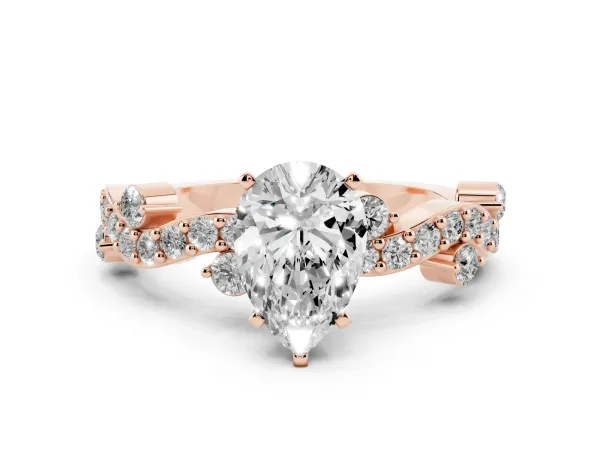 Pear Cut Cut Solitaire Diamond Twisted Band with Pave Setting Rose gold