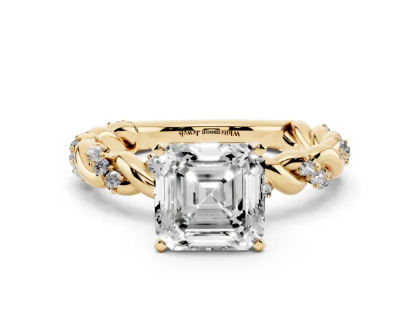 Asscher Cut Diamond Solitaire Ring with Twisted Band and Pavé Accents Yellow gold