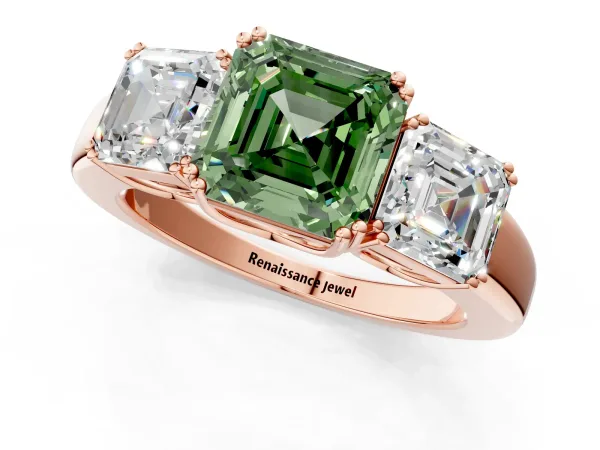 Fancy Green Three-Stone Asscher Cut Cut Diamond Ring with Channel Set Band and Four-Prong Setting Rose gold