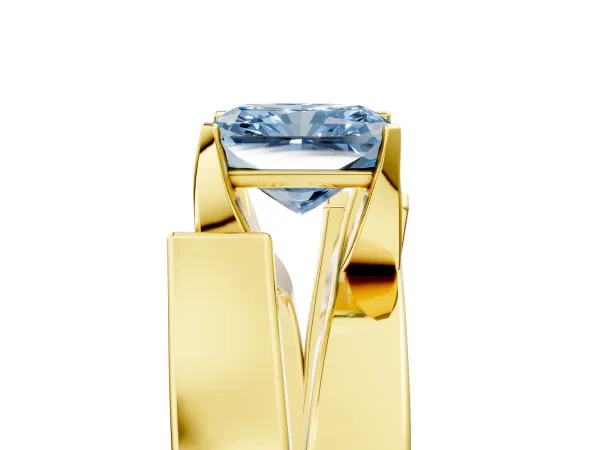 Fancy Blue Modern Tension Set Radiant Cut Diamond Solitaire Wide Band Ring Yellow gold