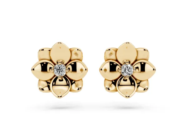 Round Diamond Magnolia Floral Stud Earrings Yellow gold