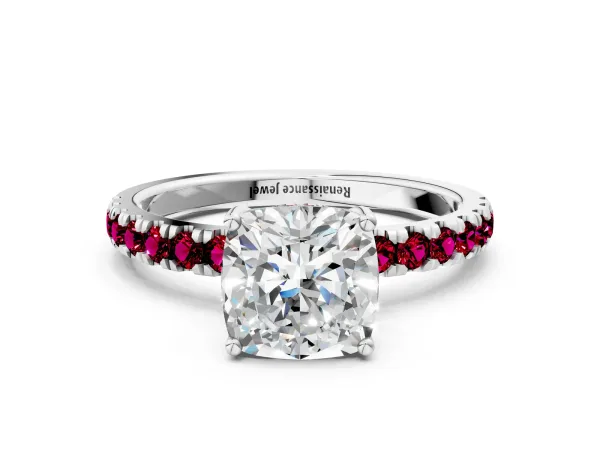 Cushion Cut Diamond Pave Band Solitaire Ring with Round Garnet and Prong Setting Platinum