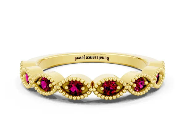 Milgrain Marquise Garnet Half Eternity Band with Bezel Setting Yellow gold