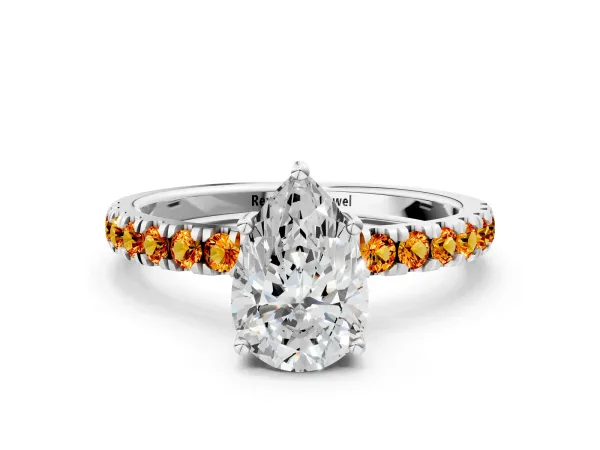 Pear Cut Diamond Pave Band Solitaire Ring with Round Citrine and Prong Setting White gold