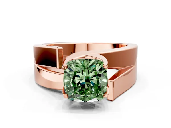 Fancy Green Modern Tension Set Cushion Cut Diamond Solitaire Wide Band Ring Rose gold