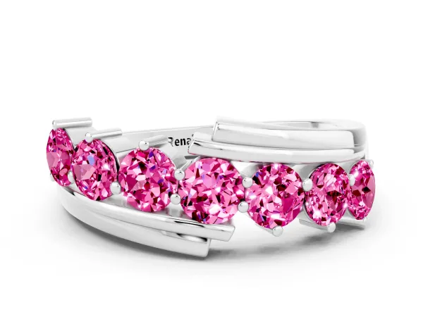 Round Pink Sapphire Wave Band with Channel and Shared Prong Setting Platinum