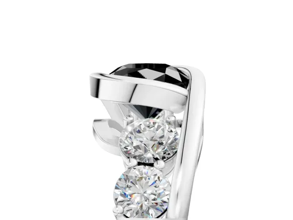 Fancy Black Bezel Set Cushion Cut Diamond Bypass Ring with Round Accents Silver