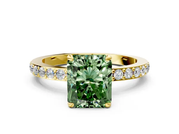 Fancy Green Radiant Cut Diamond Solitaire Engagement Ring with Pavé Band and Four-Prong Setting Yellow gold