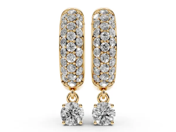 Round Cut Diamond Drop Huggie Hoop Earrings with Pavé Detailing Yellow gold