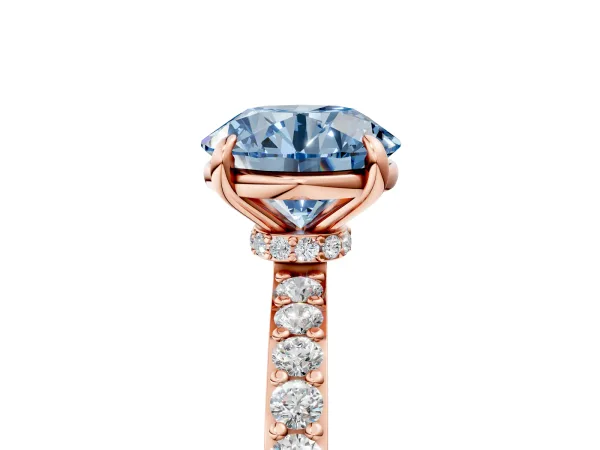 Fancy Blue Round Cut Diamond Solitaire Engagement Ring with Pavé Band and Four-Prong Setting Rose gold