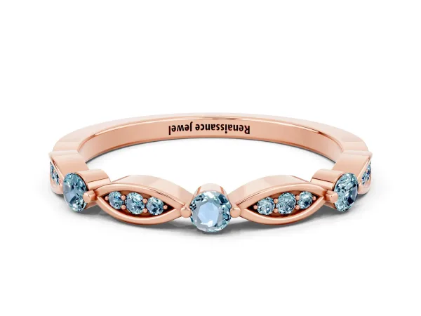 Marquise and Round Aquamarine Milgrain Band with Bezel Setting Rose gold