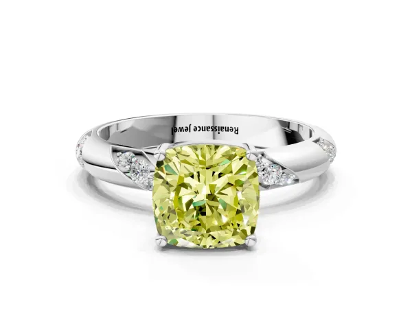 Fancy Yellow Cushion Cut Diamond Solitaire Engagement Ring with Twisted Round Accent Band and Prong Setting Platinum