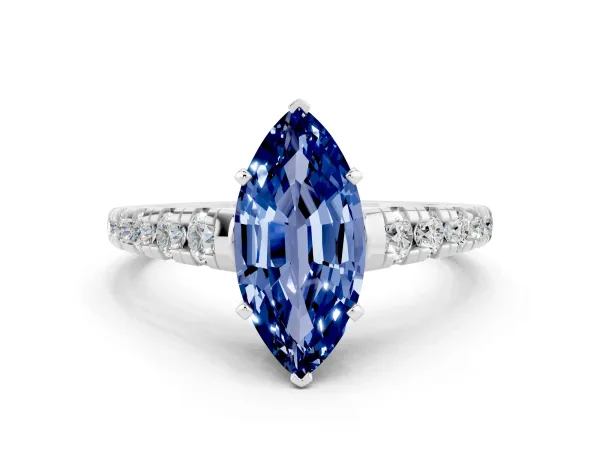 Marquise Cut Blue Sapphire Cathedral Solitaire Ring with Round Pavé Band White gold