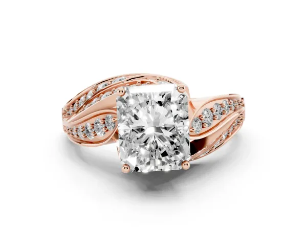 Radiant Cut Diamond Solitaire Ring with Prong Setting and Twisted Pavé Band Rose gold