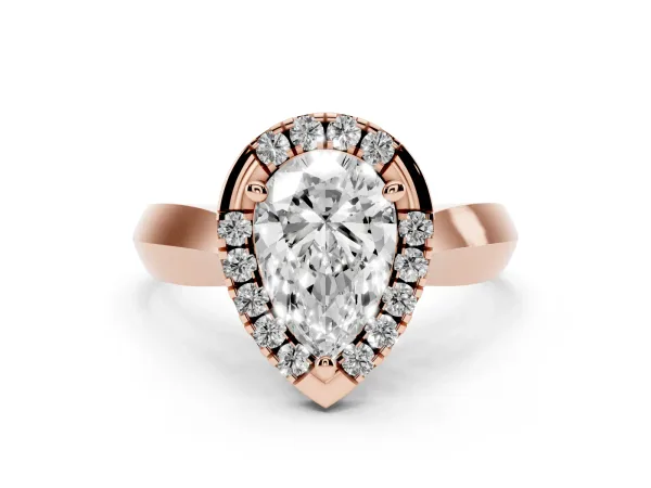 Pear Cut Cut Halo Solitaire Engagement Ring with Square Band and Four-Prong Setting Rose gold