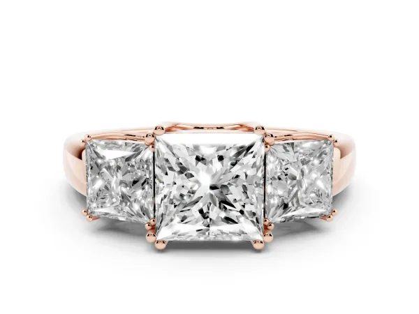 Three-Stone Princess Cut Cut Diamond Ring with Channel Set Band and Four-Prong Setting Rose gold