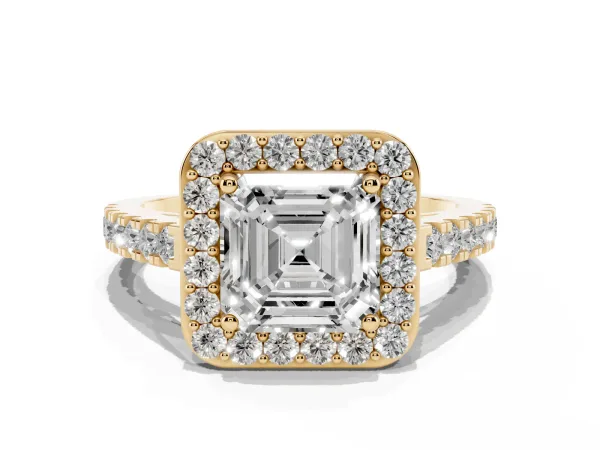 Asscher Cut Diamond Halo Ring with Round Pavé Split Shank and Prong Setting Yellow gold