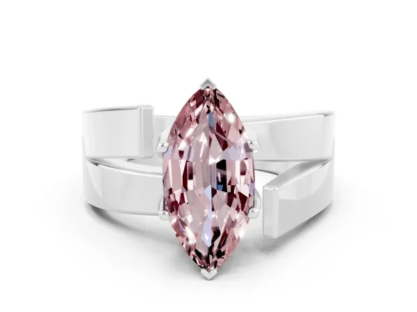 Modern Tension Set Marquise Cut Morganite Solitaire Wide Band Ring Platinum