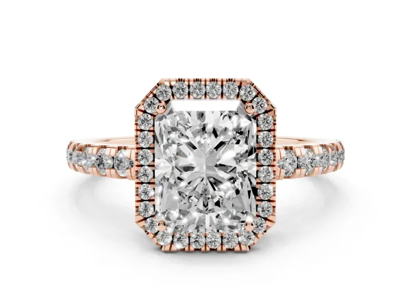Radiant Cut Diamond Halo Ring with Pavé Band and Four-Prong Setting Rose gold